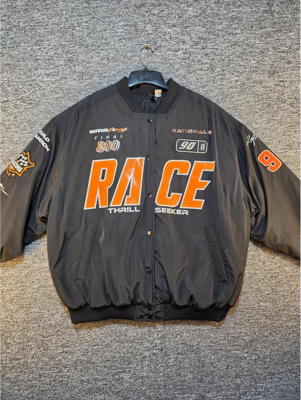 Divided Men's Black Racing Bomber Jacket Snap Front Patches Logo XL